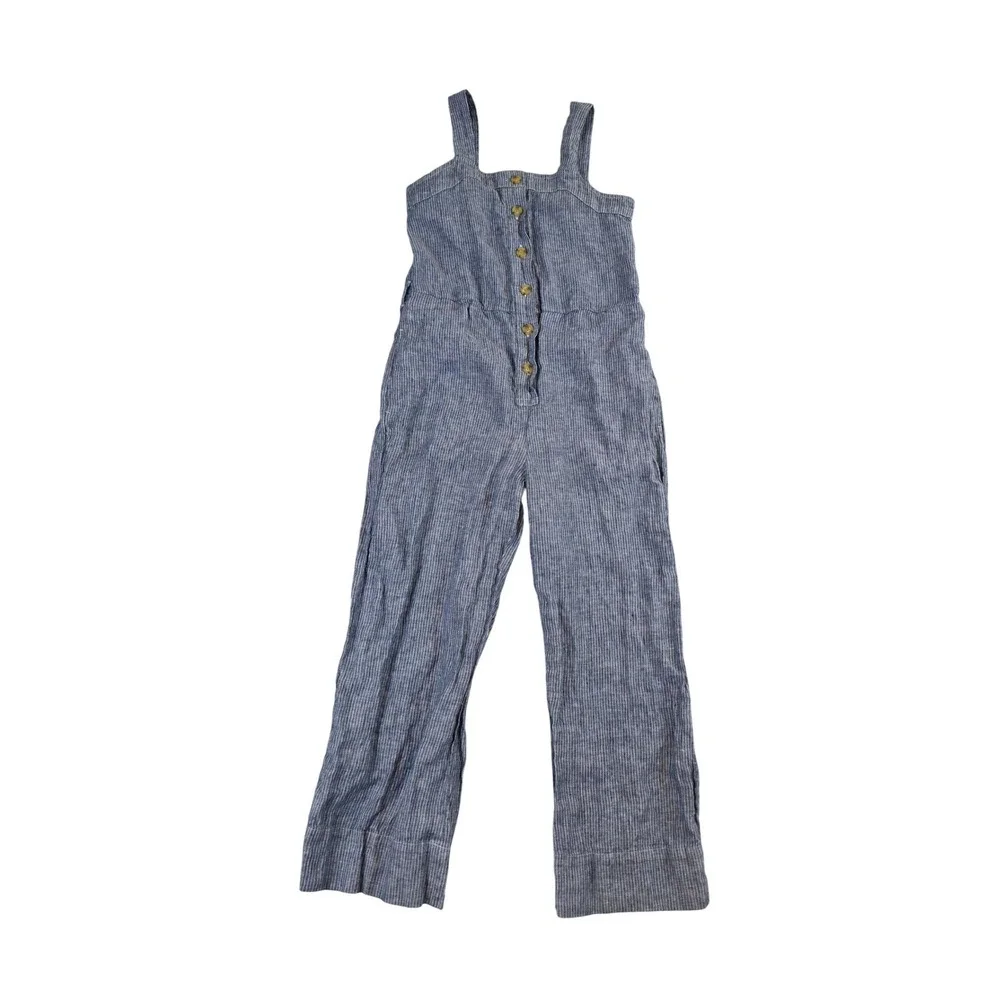 Everlane Womens Blue White Railroad Striped 100% Linen Button Jumpsuit sz 0